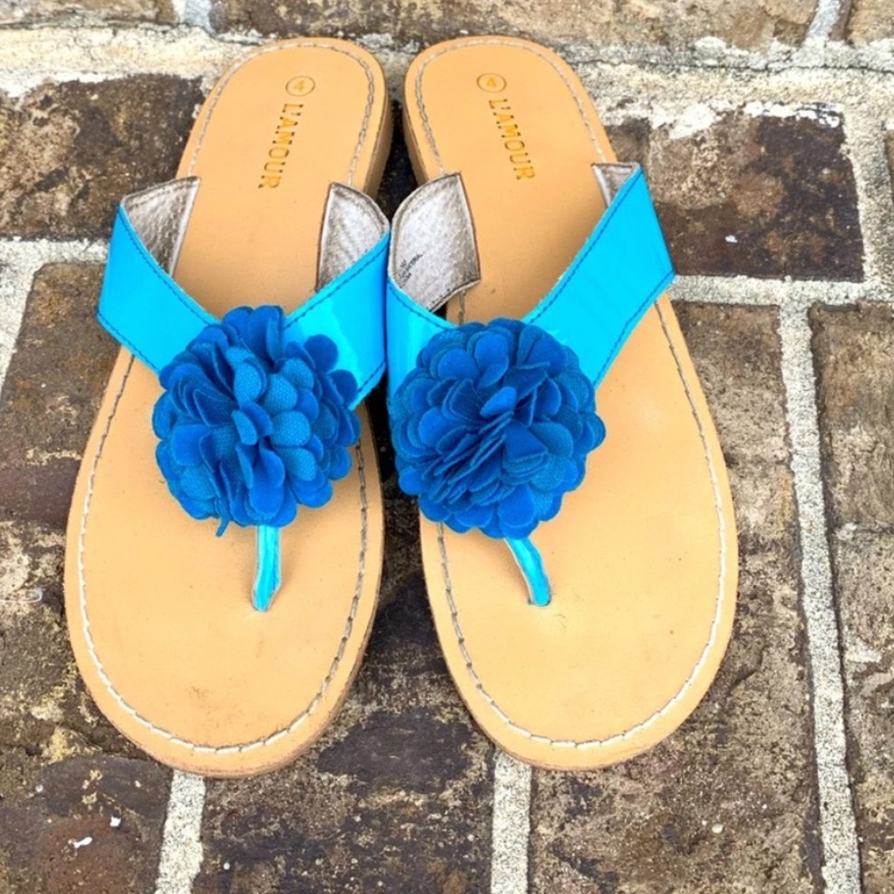 Lamour Sandals Flats Thong Blue Floral Girls 4